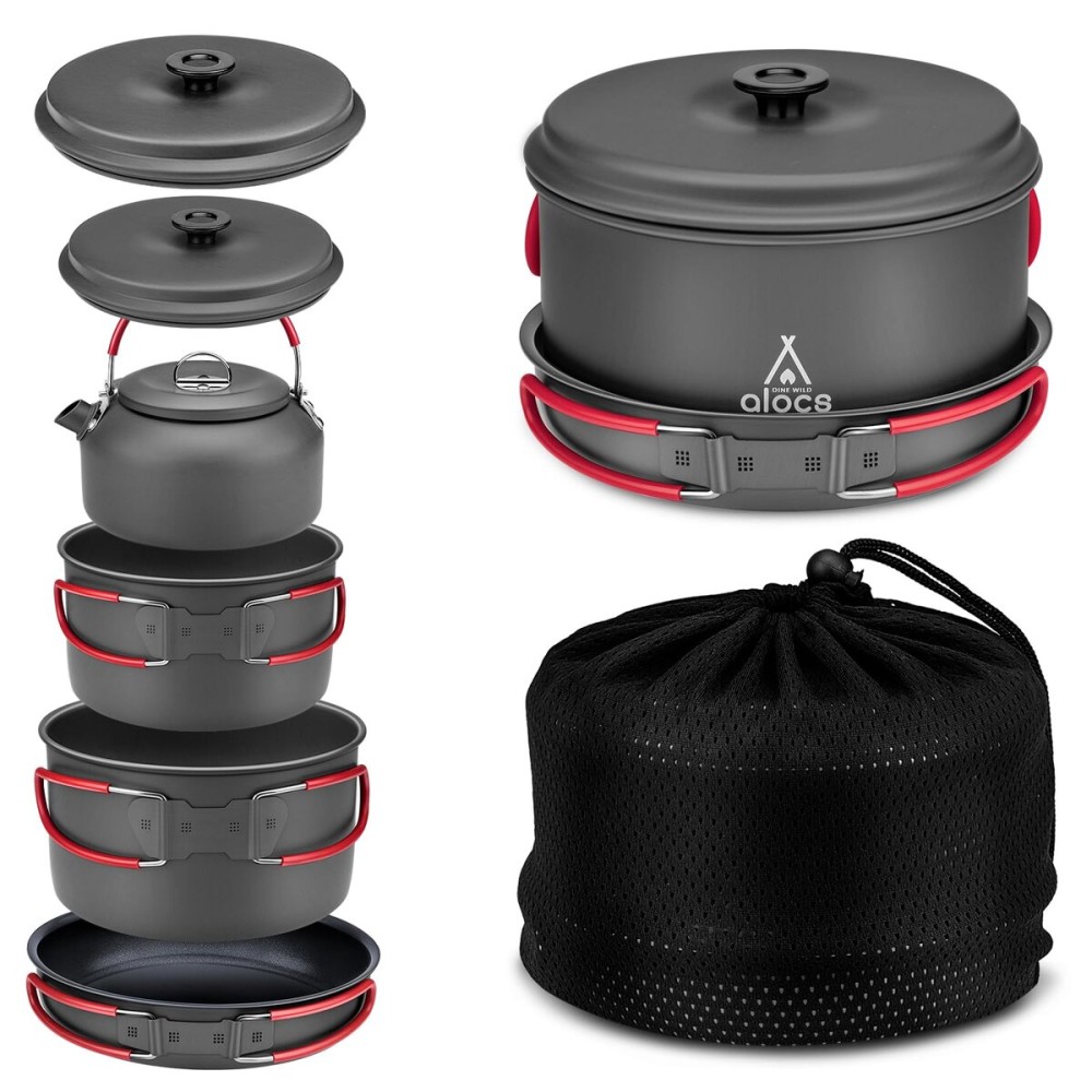 Alocs Camping Cookware Set Gear, Compact Camping Pots and Pans Set, Durable Hard Alumina Cooking Set for Outdoor Backpacking Hiking Picnic, Included Mesh Carry Bag.