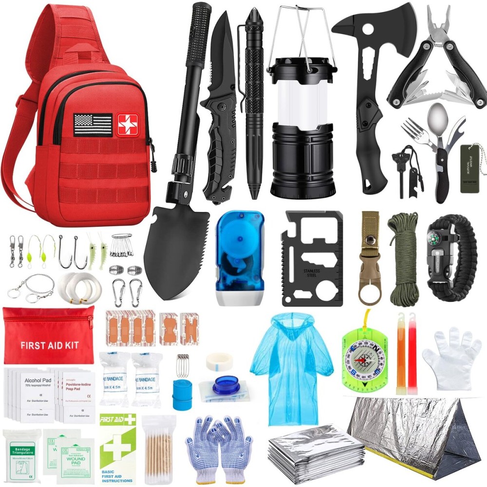 Emergency Survival Kit, 151 Pcs Survival Gear First Aid Kit, Outdoor Trauma Bag with Tactical Flashlight Knife Pliers Pen Blanket Bracelets Compass for Camping Earthquake or Adventures (Red)