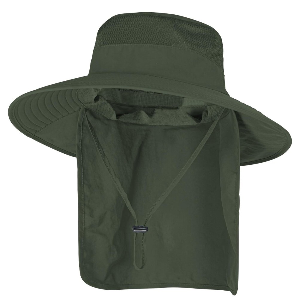 Sun Hats for Men Women Fishing Hat UPF 50+ Breathable Wide Brim Bucket Hats Summer UV Protection Safari Hat with Neck Flap Army Green