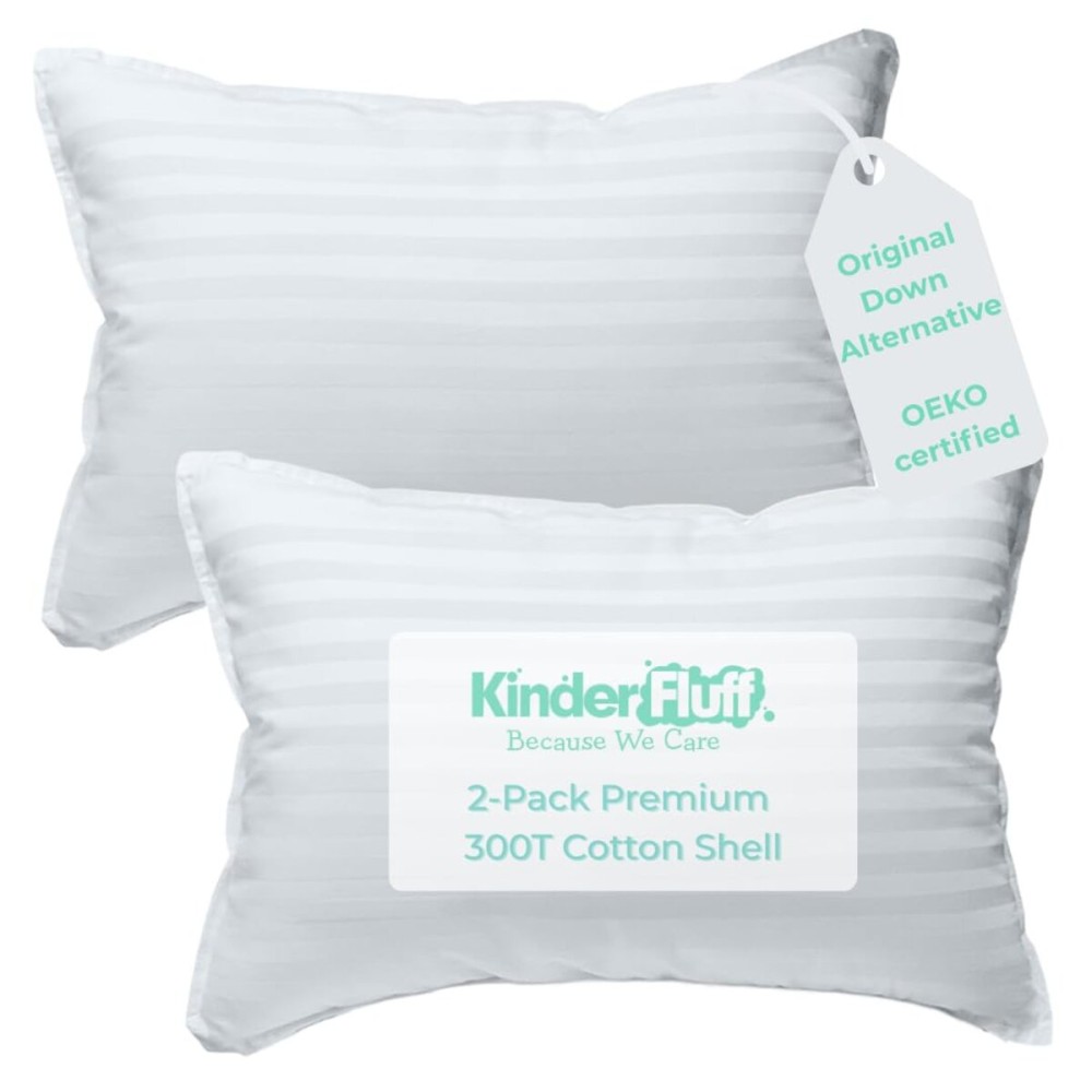 kinder Fluff Children Pillows for Bed (2X) - The Only Kids Pillow 300T Cotton Shell & Down Alternative Fill - Travel Pillow for Children Bedding Set Sleeping Pillow Floor Bed Pillows (14x20in - White)
