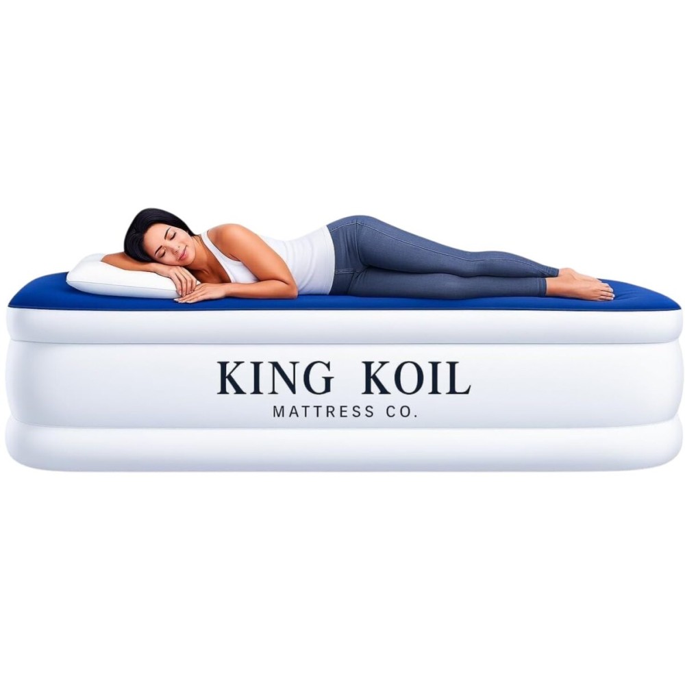 King Koil Luxury Twin Air Mattress with Built-in Pillow Top & Integrated High-Speed Patented Pump - 20 Inflatable Twin Blow Up Airbed for Camping, Home & Guests, Waterproof, 1-Year Warranty