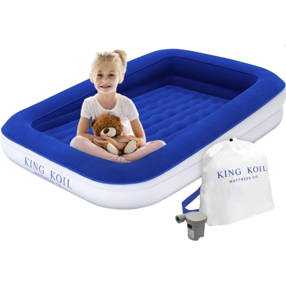 King Koil Luxury Toddler Inflatable Child Airbed, Travel Bed with Built-in Safety Bumper, Portable Air Mattress for Kids, Includes High-Speed Pump - Blue