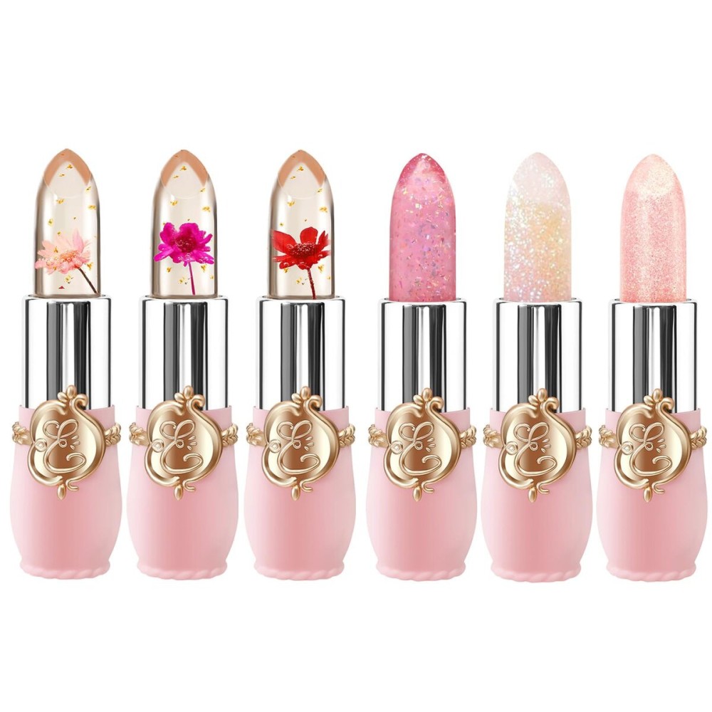 BestLand 6 Pcs/Set Flower Jelly Lipstick Set Temperature Change Moisturizer Long Lasting Nutritious Shimmer Lip Balm Magic Color Change Lip Gloss (Color Changing Lipstick Set B)