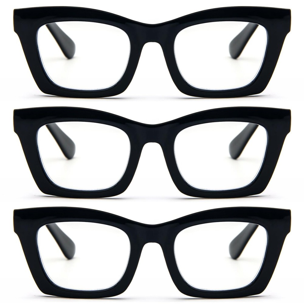 REAVEE 3 Pack Oprah Style Reading Glasses for Women Blue Light Blocking, Oversized Cute Square Computer Readers with Spring Hinge, Black 1.75
