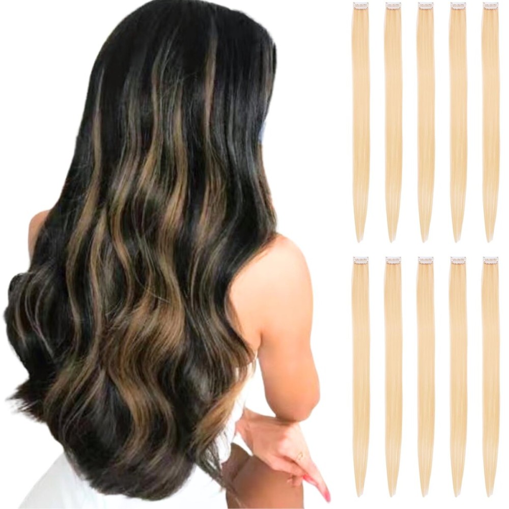 RINBOOOL Blonde Hair Extensions Clip in for Kids Girls, 10 Pieces 22 Inch Long Straight Colored Streak Synthetic Accessories Hairpiece Clip ins, Play Party Highlights