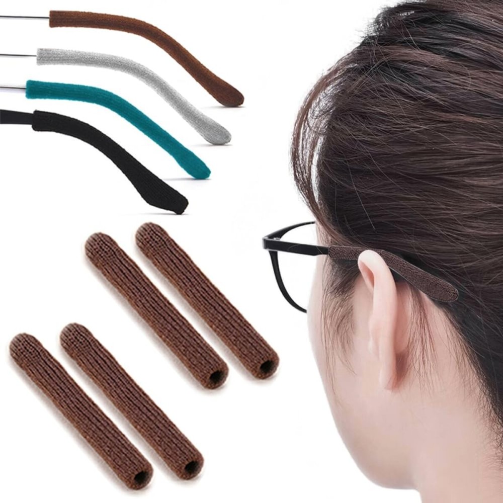IYOOH 2 Pairs Upgrade Soft Glasses Ear Cushion, Anti Slip Knitting Cotton Eye Glasses Ear Grippers, Comfort Temple Sleeves Tips Eyeglass Ear Pads, Non Slip Eyeglass Grips for Behind the Ear (Brown)