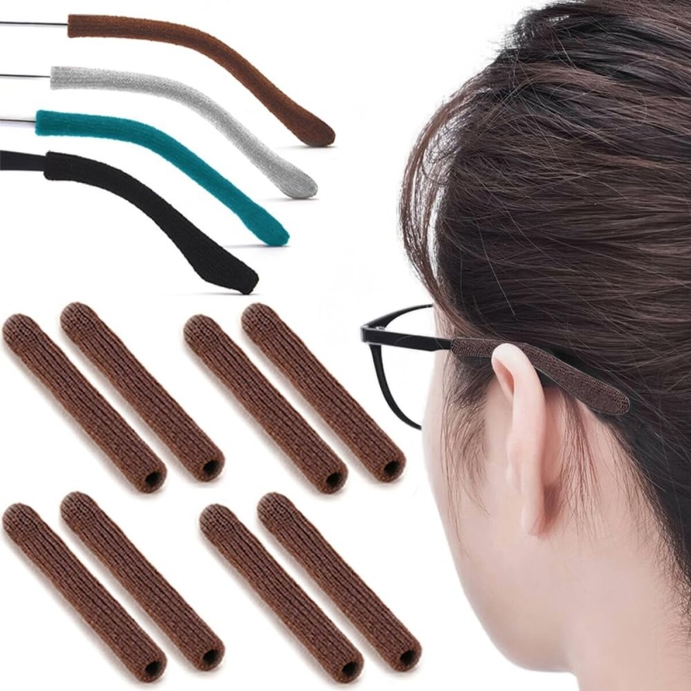 IYOOH 4 Pairs Upgrade Soft Glasses Ear Cushion, Anti Slip Knitting Cotton Eye Glasses Ear Grippers, Comfort Temple Sleeves Tips Eyeglass Ear Pads, Non Slip Eyeglass Grips for Behind the Ear (Brown)