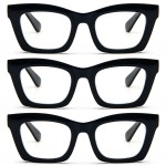 REAVEE 3 Pack Oprah Style Reading Glasses for Women Blue Light Blocking, Oversized Cute Square Computer Readers with Spring Hinge, Black 0.0