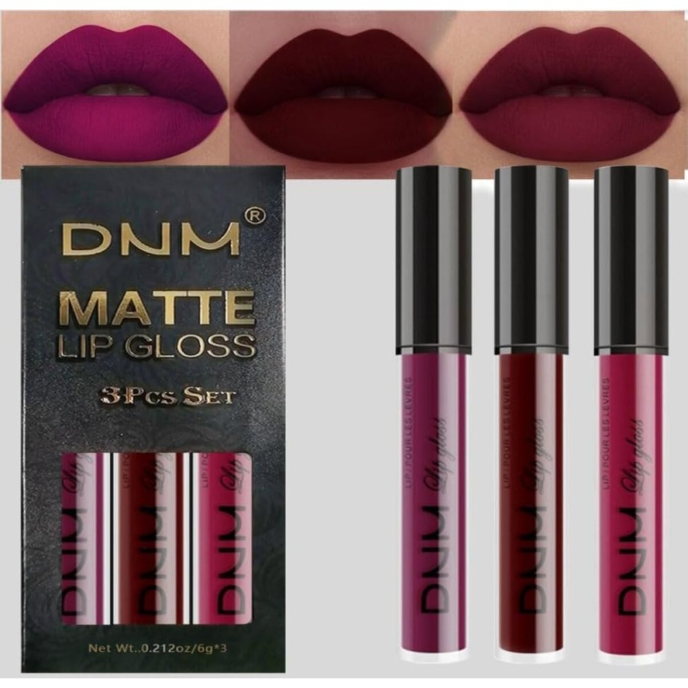 AMY\'S DIARY Dark Red Purple Matte Plum Liquid Lipstick 3Pcs Sets,24-hour Lipstick Dark Deep Maroon Purple Brown Plum Red Lip Stain 24 Smudge Waterproof for Women