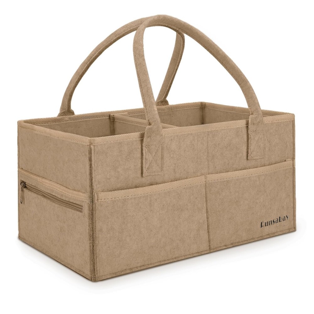 Runsabay-Diaper Caddy Organizer for Diaper Station, Great Gift for Newborn Baby Essentials, Newborn Baby Must Haves, Car Basket for Baby Diapers and Wipes, Baby Basket with Handles (Khaki, Large)