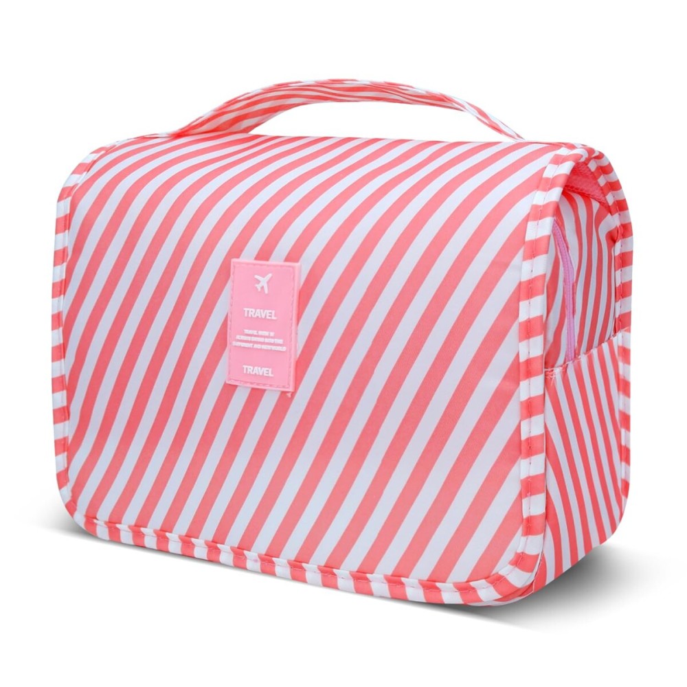 Lcsmaokin Large Capacity Toiletry Bag Travel Bag with Hanging Hook for Men and Women Waterproof Travel Cosmetic Bag Bathroom Storage Bag for Brushes Set, Full-Sized Shampoo,Accessories(Pink Stripe)