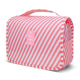 Lcsmaokin Large Capacity Toiletry Bag Travel Bag with Hanging Hook for Men and Women Waterproof Travel Cosmetic Bag Bathroom Storage Bag for Brushes Set, Full-Sized Shampoo,Accessories(Pink Stripe)