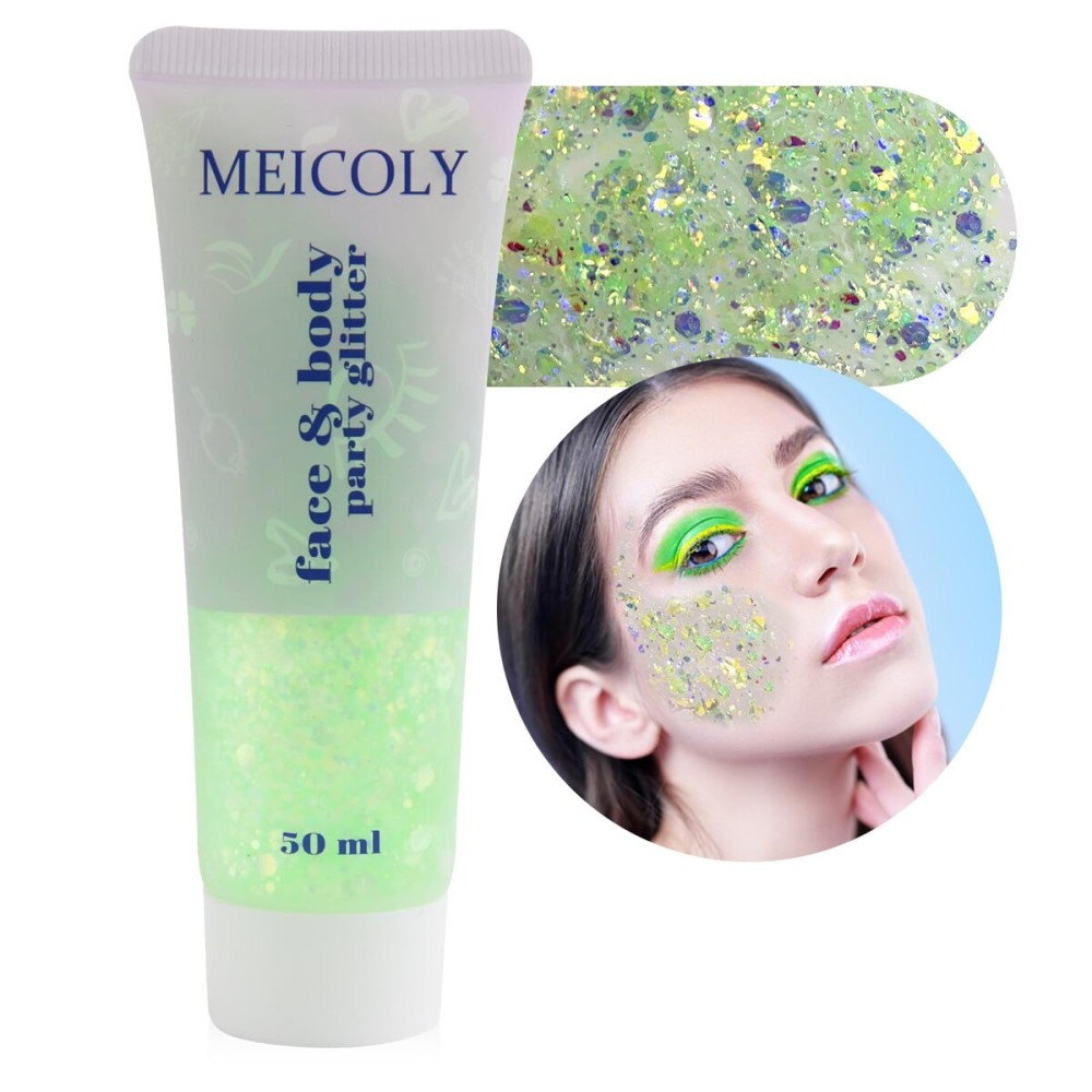 MEICOLY Lime Green Body Glitter,Chunky Chameleon Face Glitter for Halloween Alien Makeup,Color Changing Mermaid Face Glitter Gel,Holographic Glitter for Face Body Hair,Festival Party Cheer Glitter