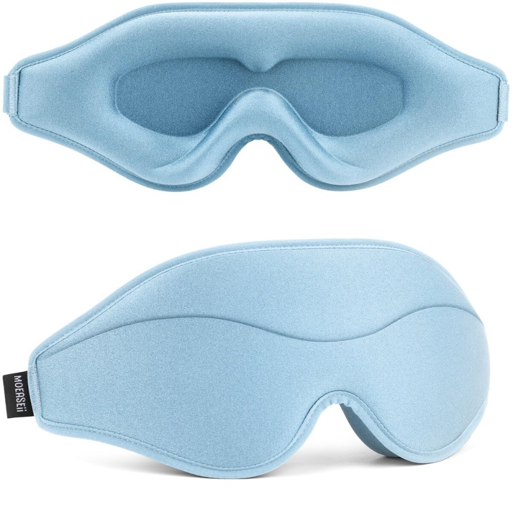 MOEASEii Sleep Mask - Total Blackout 3D Sleeping Mask, Super Lightweight & Silky Soft Eye Mask for Sleeping, Fully Adjustable Fit for Home, Office, Traveling, Meditation, Yoga, Light Blue