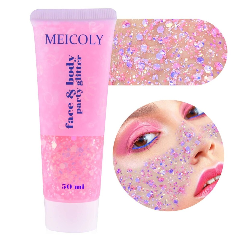 MEICOLY Chameleon Light Pink Body Glitter,Chunky Face Glitter for Halloween,Color Changing Mermaid Face Glitter Gel,Holographic Glitter Sequin for Face Body Hair,Festival Party Cheer Glitter Makeup