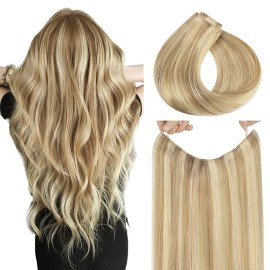 HOTBANANA Wire Hair Extensions, 12 inch 70g Light Blonde Highlighted Golden Blonde (Ash Tone) Fish Line Real Human Hair Straight Invisible Remy Hair Extensions