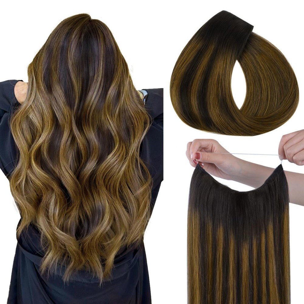 HOTBANANA Wire Hair Extensions, 14 inch 75g Dark Brown to Golden Brown Invisible Fish Line Real Human Hair Extensions Straight