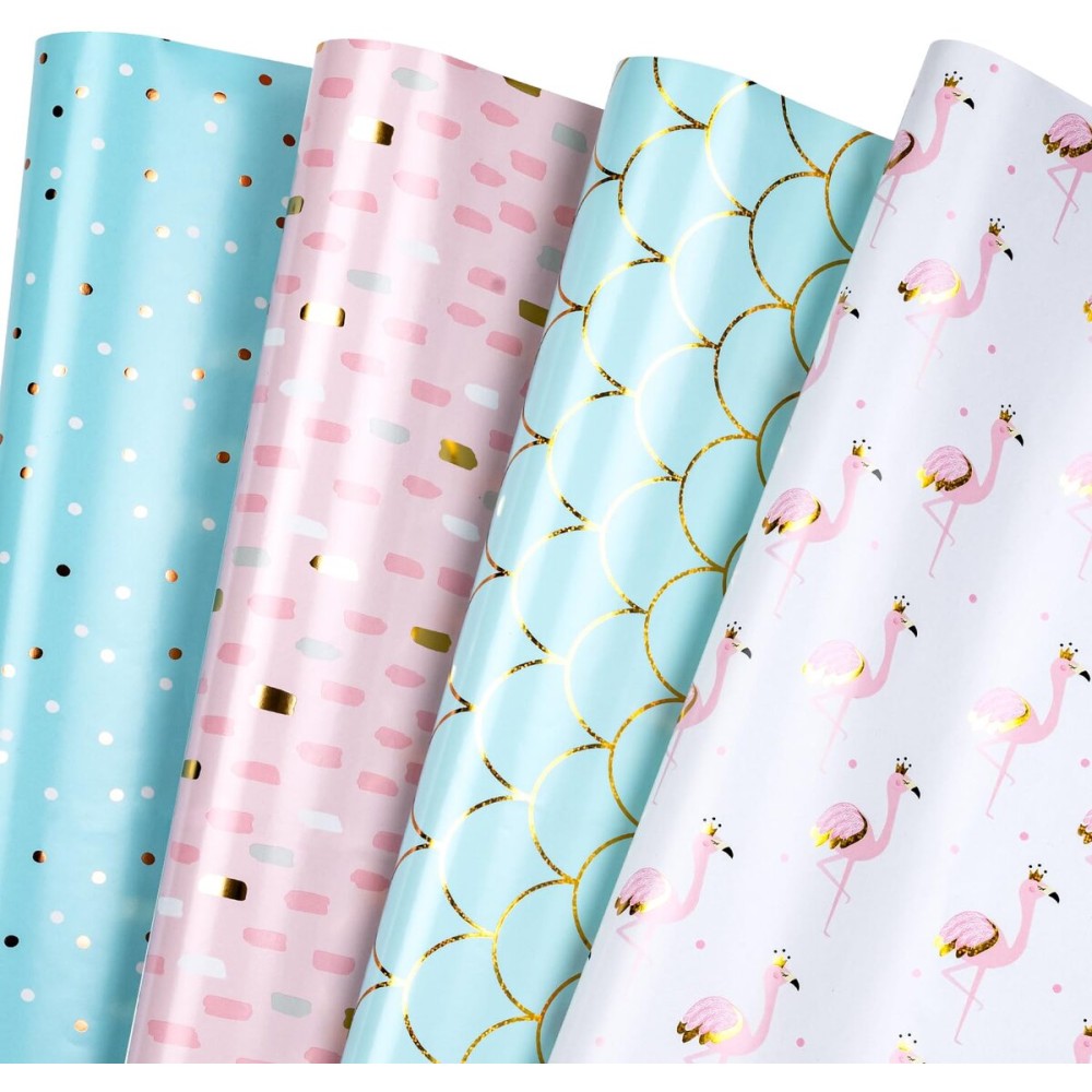 WRAPAHOLIC Wrapping Paper Sheet - 12 Sheets Flamingo/Mermaid/Polka Dot/Brushstroke Design Folded Flat for Birthday, Party, Baby Showers - 19.7 Inch X 30 Inch Per Sheet