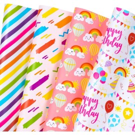 WRAPAHOLIC Birthday Wrapping Paper Sheet - 12 Sheets Rainbow Clouds and Birthday Celebratory Design Folded Flat for Party, Baby Showers - 19.7 Inch X 30 Inch Per Sheet