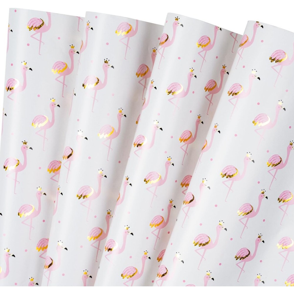 WRAPAHOLIC Pink Flamingo Wrapping Paper Sheet - 12 Sheets Foil Flamingo Design Folded Flat for Girls Birthday, Baby Showers - 19.7 Inch X 30 Inch Per Sheet