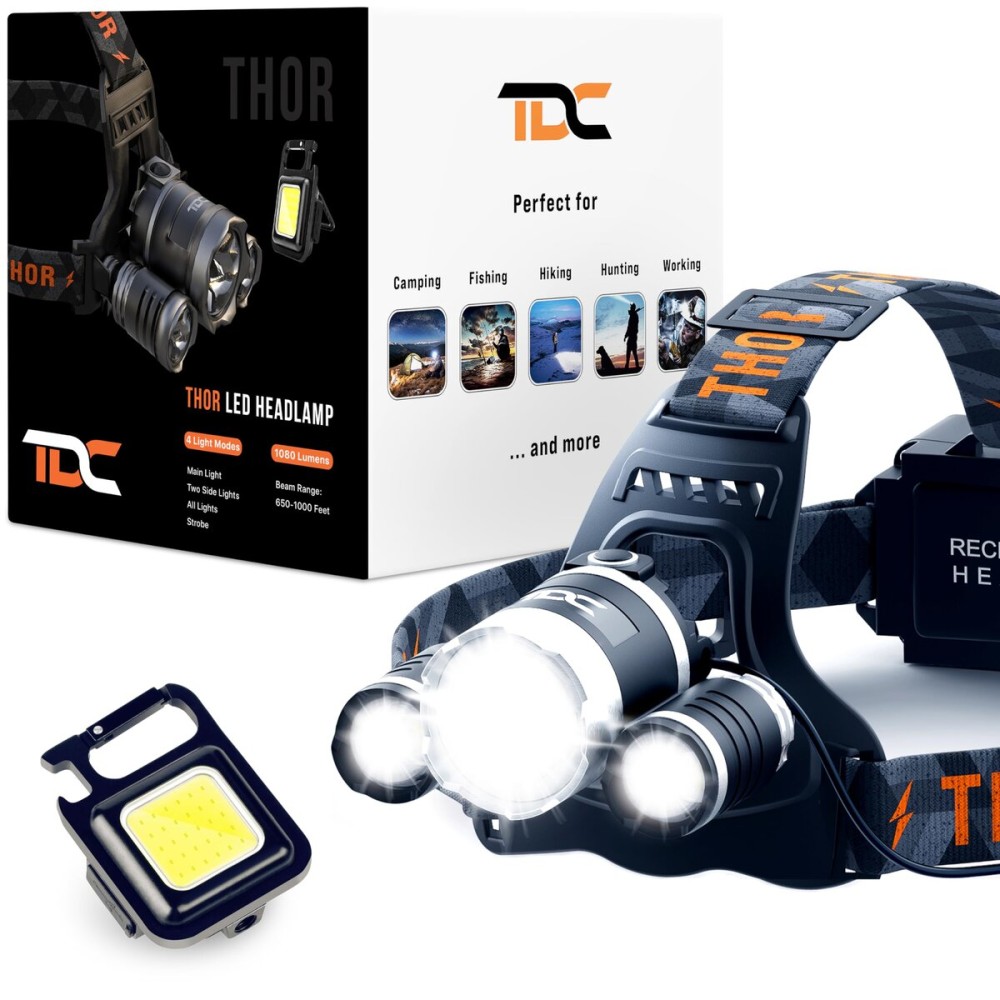 TDC Rechargeable Headlamp + Super Bright COB Keychain Flashlight - Illuminate Your Adventures with Dynamic Duo