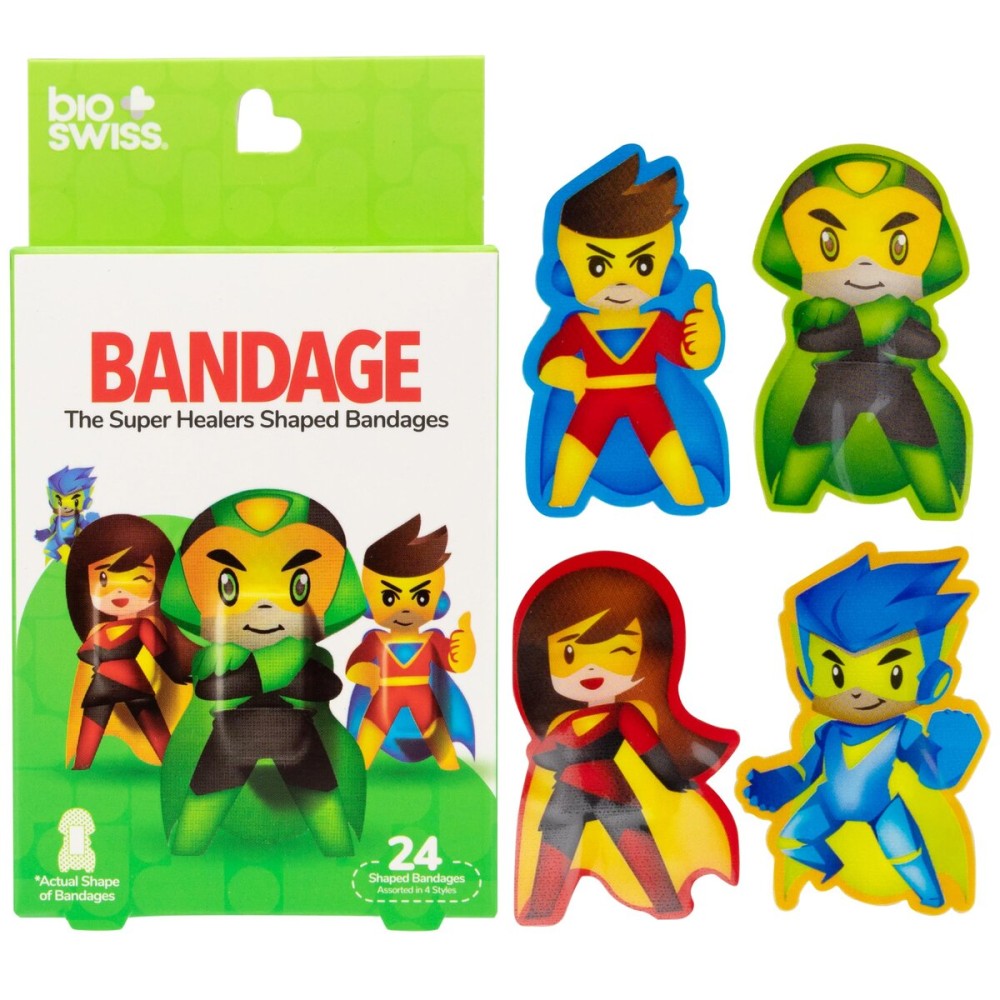 BioSwiss Bandages, Super Healers Superhero Shaped Self Adhesive Bandage Set, Latex Free, Sterile Wound Care, 24 Count