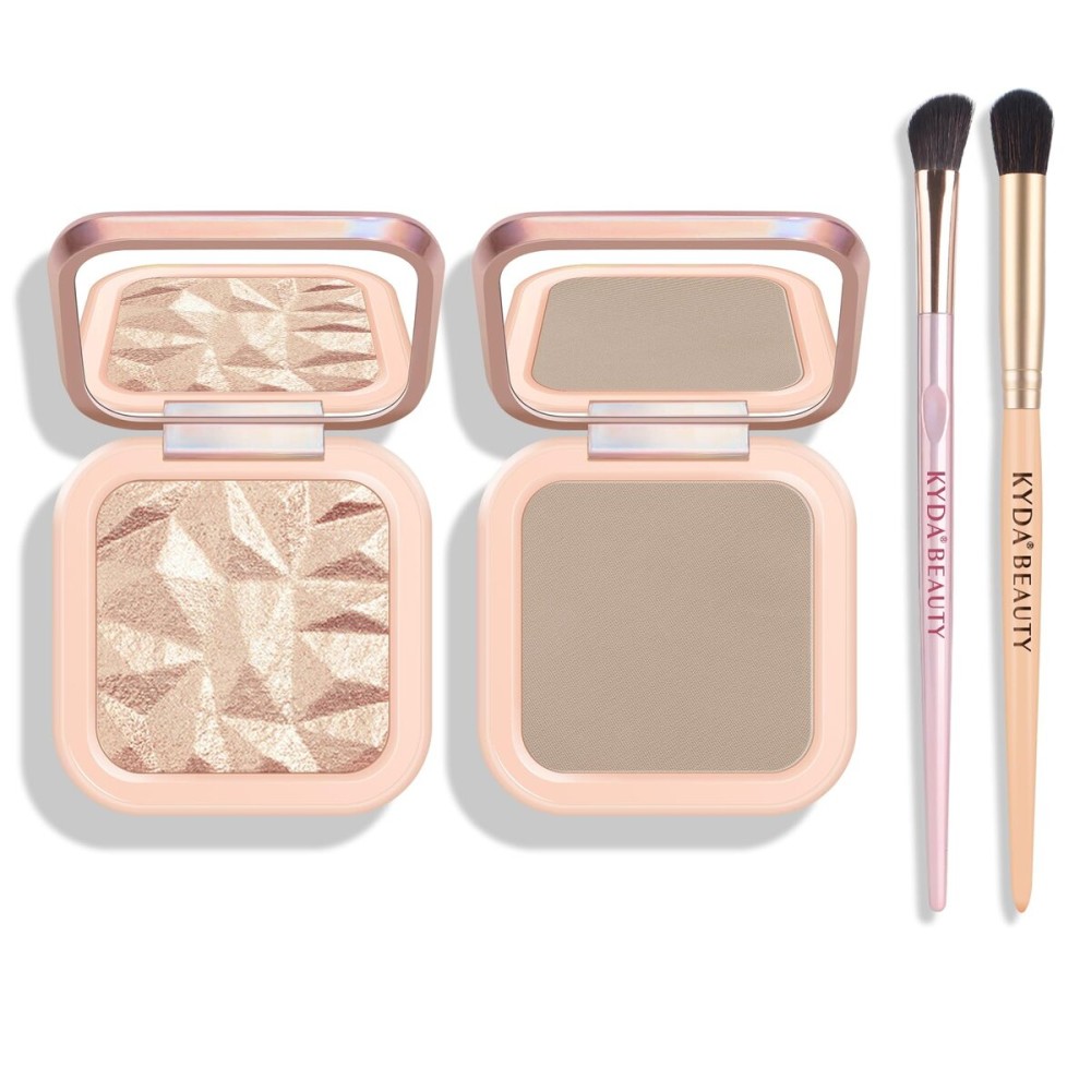 KYDA Baked Highlighter Contour Palette, Champagne Face Illuminator & Natural Matte Contour, Lasting Glow Face Sculpting Contouring Makeup, Buildable Shimmer Color, Sun Glow & Taupe