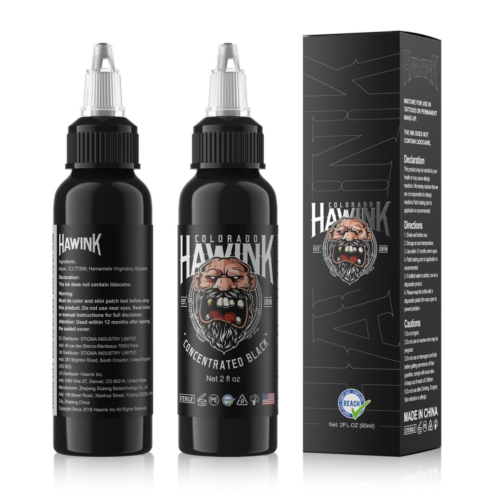 HAWINK Black Tattoo Ink 2 oz (60ml) Vegan-Friendly USA Standard Pigment Tattoo Supplies Pure Black TI203-60-001