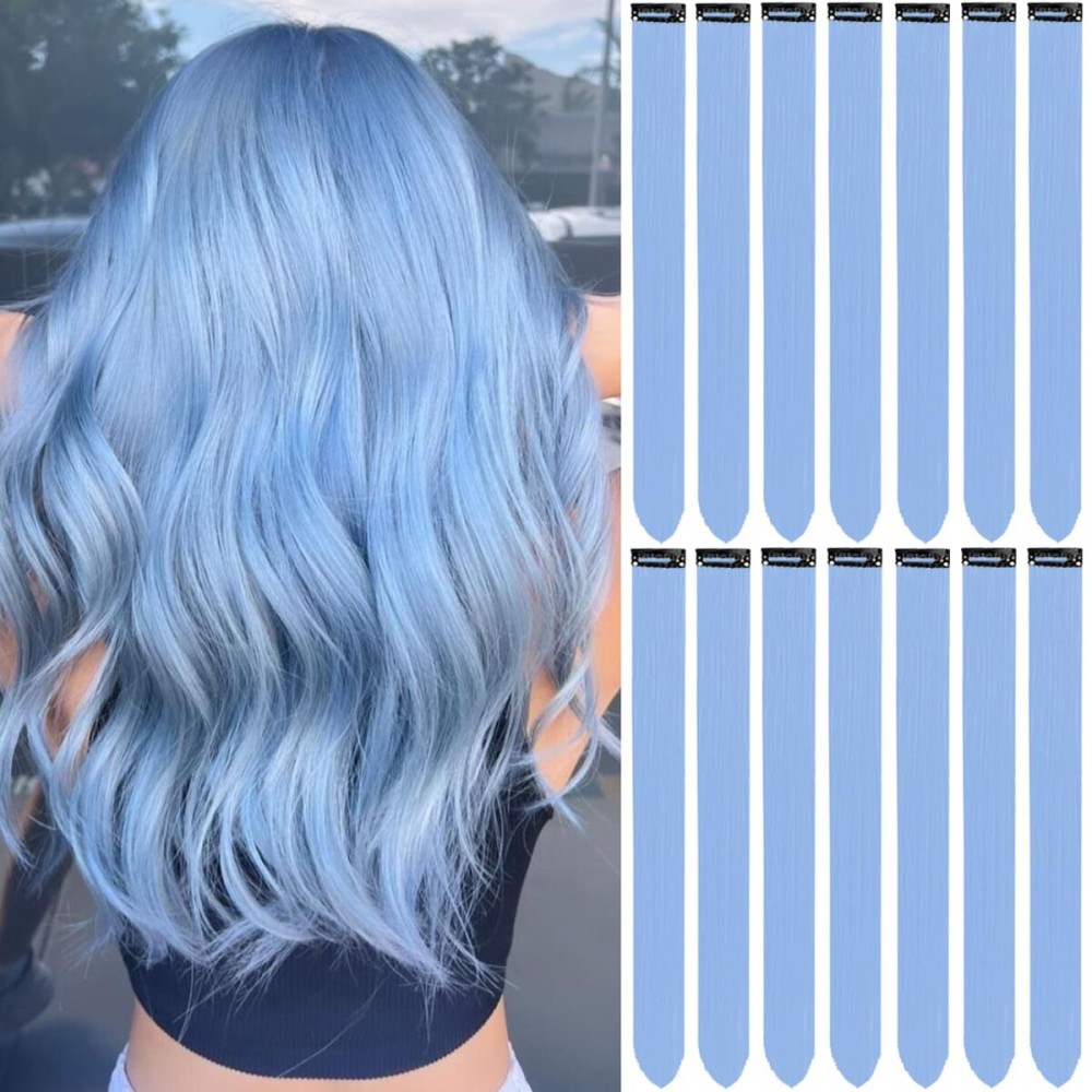 LADYAMZ Colored Hair Extensions 14 PCS, 22 In Baby Blue Clip in Hair Extensions Party Highlights, Light Blue Synthetic Hairpieces for Girls Women Kids Christmas New Year Cosplay Gift(Haze Blue)