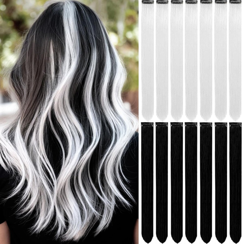LADYAMZ Colored Hair Extensions 14 PCS, 22 In Black and White Clip in Hair Extensions Christmas Party Highlights, White Black Long Straight Synthetic Hairpieces for Girls Women Kids Gift(Black White)