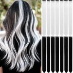 LADYAMZ Colored Hair Extensions 14 PCS, 22 In Black and White Clip in Hair Extensions Christmas Party Highlights, White Black Long Straight Synthetic Hairpieces for Girls Women Kids Gift(Black White)