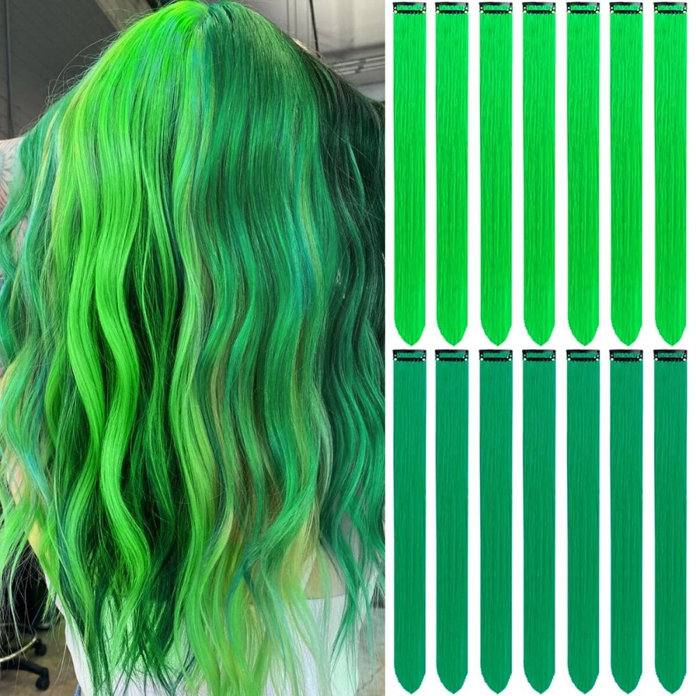LADYAMZ Green Hair Extensions Clip in 14 PCS, 22 In Colored Christmas Party Highlights, Synthetic Long Straight Colorful Hairpieces for Girls Women Kids New Year Cosplay Gift(Neon Green/Forest Green)