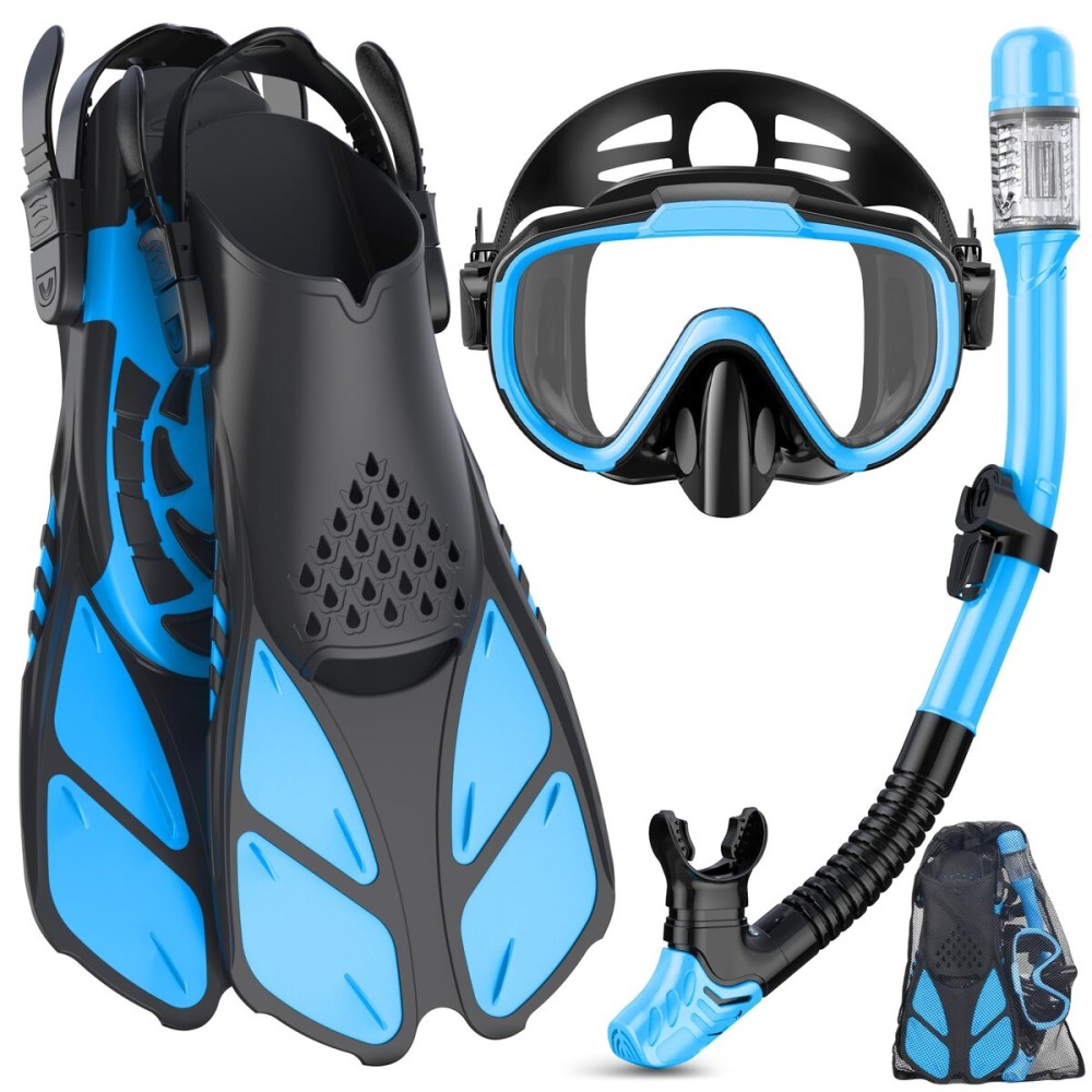 Ubekezele Snorkeling Gear for Adults Men Women,4 in 1 Snorkel Set with Panoramic View Diving Mask Anti-Fog Anti-Leak,Dry Top Snorkel,Fins and Travel Bag for Swimming,Snorkeling and Travel Diving