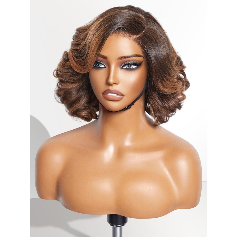 LUVME HAIR 10 Inch Brown Ombre Highlight Bob Wig Human Hair Pre Cut Glueless HD Lace Closure Wigs, Big Curly Mature Boss Left C Parted Wig For Women
