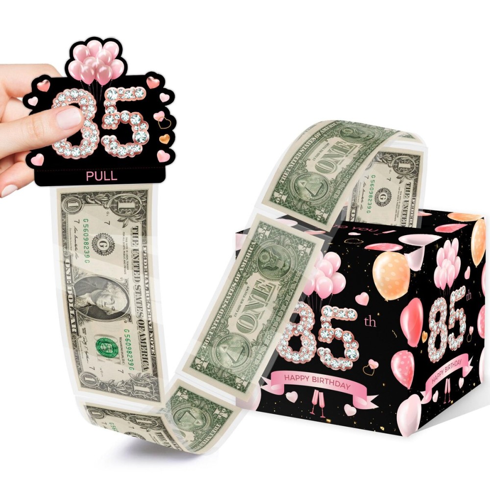 85th Birthday Gifts for Men Women, Pink Gold Surprise Money Box Gift Pull, Money Box for Cash Gift, 85th Birthday Party Decorations Supplieswith 35PCS Bags