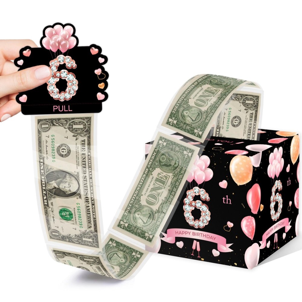 Happy 6th Birthday Money Box for Kids Boys Girls, Pink Gold Surprise Gift Set, Fun Way to Offer Cash Gift (with 35PCS Bags)