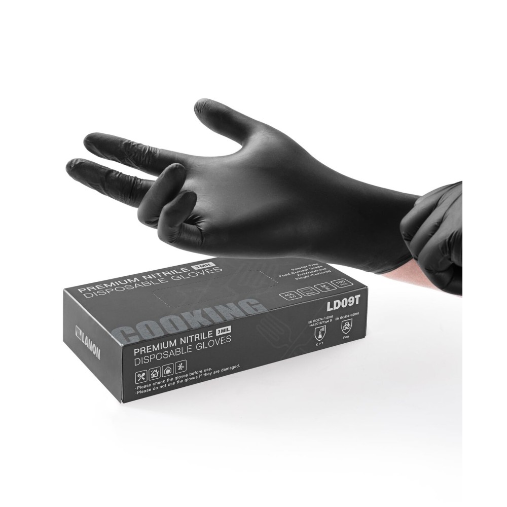 LANON Protection Food Safe Disposable Nitrile Gloves, Latex-Free, Powder-Free, Silicone-Free, Textured Fingertips, Cooking, BlackMedium