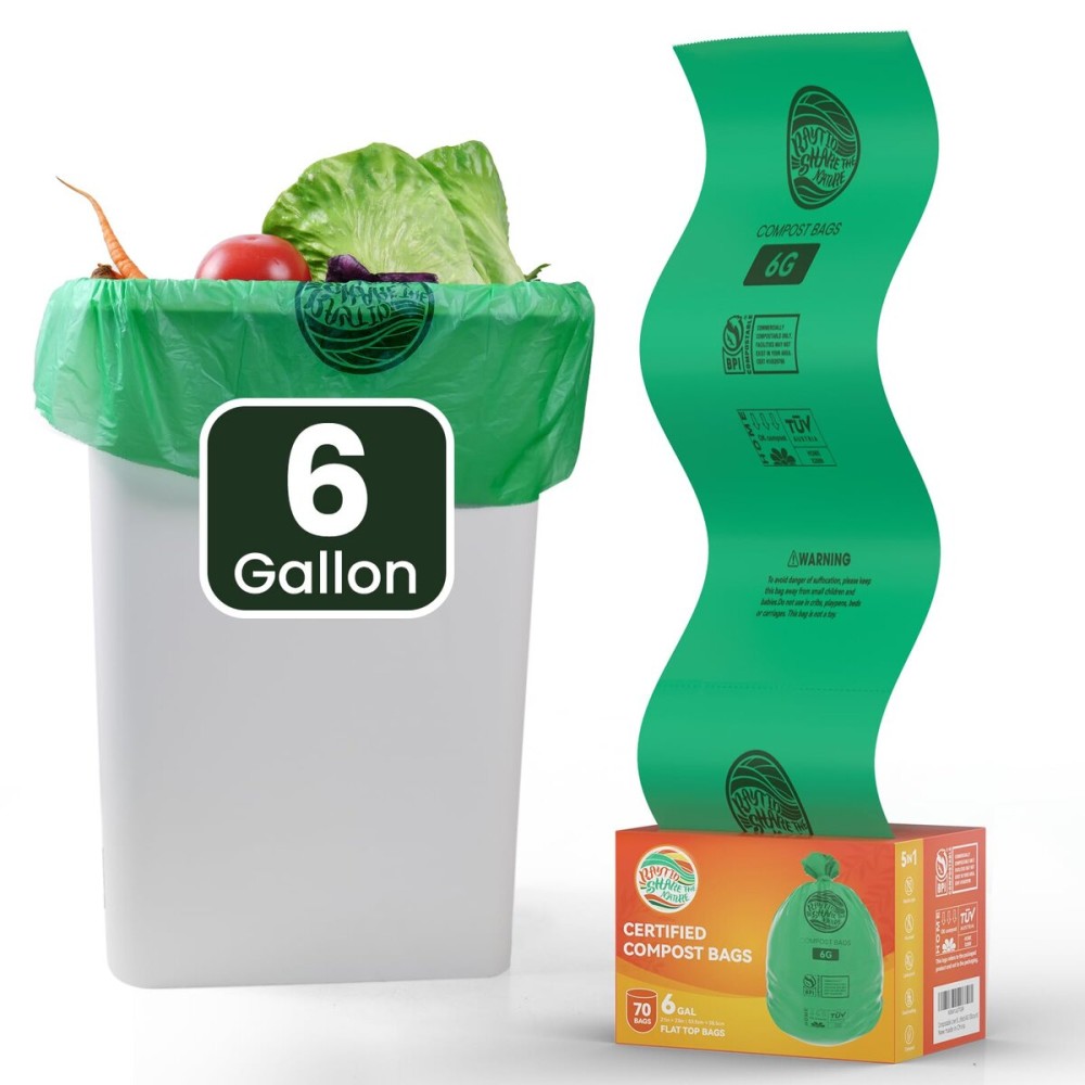 Compostable Bags, 6 Gallon Food Scraps Yard Waste Bags,Fits 5-6-8 Gallon trash can, 30 Liter, 70Count, Heavy Duty 0.85 Mils, ASTMD 6400 Kitchen Trash Bags, BPI&OK compost HOME certified