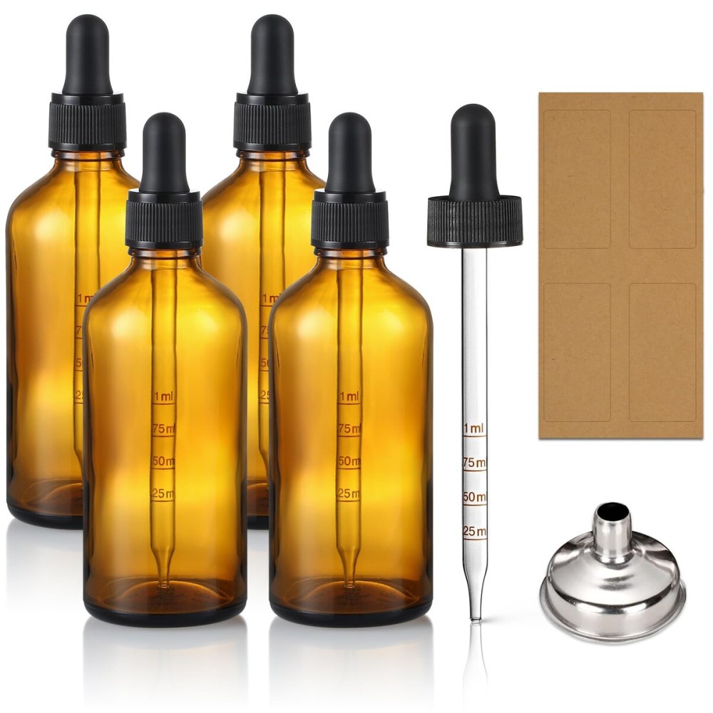 4 Pack, 100ml Dropper Bottles with 2pcs Glass Pipettes(1ml) - Essential Oils Bottles for Health, Personal Care & Beauty - 3.4oz Thick Dark Amber Glass Tincture Bottle with Eye Droppers, Leakproof