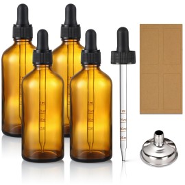 4 Pack, 100ml Dropper Bottles with 2pcs Glass Pipettes(1ml) - Essential Oils Bottles for Health, Personal Care & Beauty - 3.4oz Thick Dark Amber Glass Tincture Bottle with Eye Droppers, Leakproof