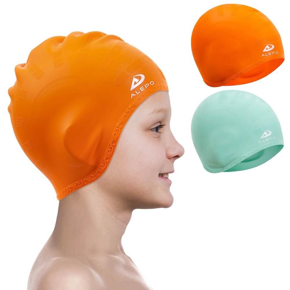 2 Pack Kids Swim Caps for Boys Girls, Durable Silicone Swimming Cap with 3D Ear Pockets for Age 3-15 Toddler Child Youth Teen, Unisex Swim Bath Hats for Short/Long Hair with Ear Plugs Nose Clip-4