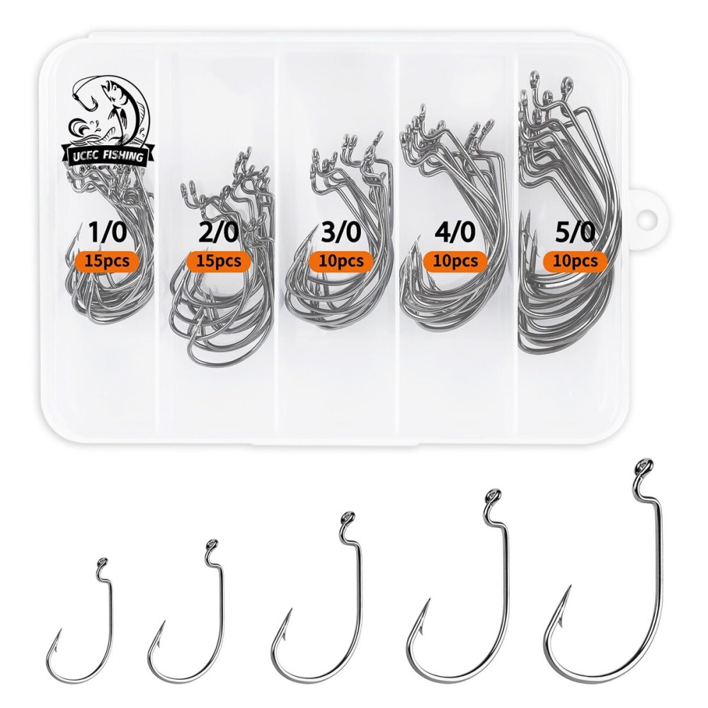 UCEC Fishing Hooks, 60pcs Bass Hooks EWG Offset Worm Hooks Wide Gap 2X Strong Senko Bait Texas Rig Jig Fish Hooks for Bass Trout Saltwater Freshwater Size: 1/0 2/0 3/0 4/0 5/0