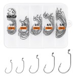 UCEC Fishing Hooks, 60pcs Bass Hooks EWG Offset Worm Hooks Wide Gap 2X Strong Senko Bait Texas Rig Jig Fish Hooks for Bass Trout Saltwater Freshwater Size: 1/0 2/0 3/0 4/0 5/0