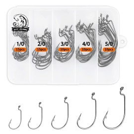 UCEC Fishing Hooks, 60pcs Bass Hooks EWG Offset Worm Hooks Wide Gap 2X Strong Senko Bait Texas Rig Jig Fish Hooks for Bass Trout Saltwater Freshwater Size: 1/0 2/0 3/0 4/0 5/0