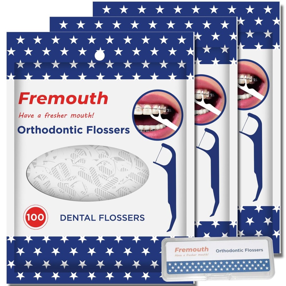 Fremouth Orthodontic Flossers for Braces - Ortho Dental Floss Picks, 100 Count (Pack of 3), with a Travel Case
