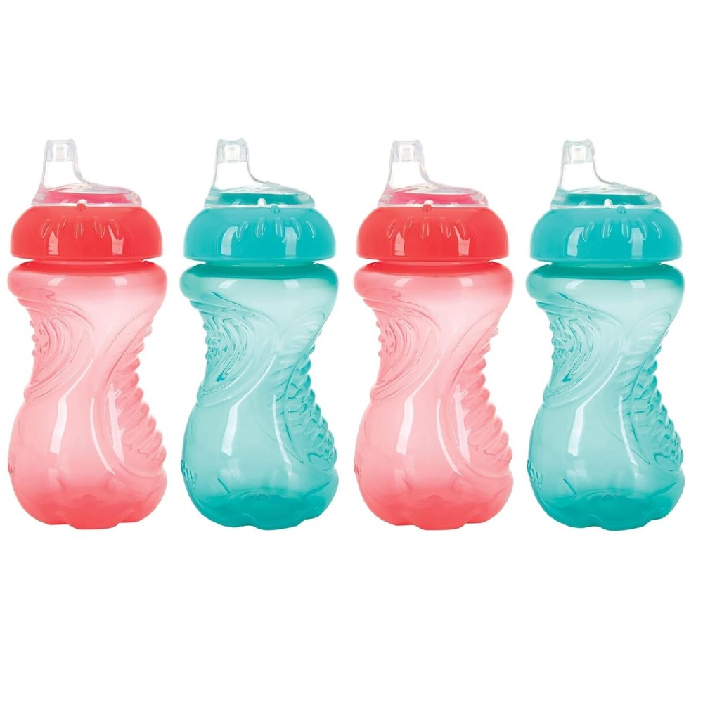 Nuby 4 Piece No Spill Easy Grip Trainer Cup 10 oz (Coral & Aqua)