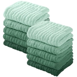 Yoofoss Muslin Baby Washcloths 100% Organic Cotton Face Towels 10 Pack Wash Cloths for Baby 12x12in Soft and Absorbent Baby Wipes (Gradient Green)