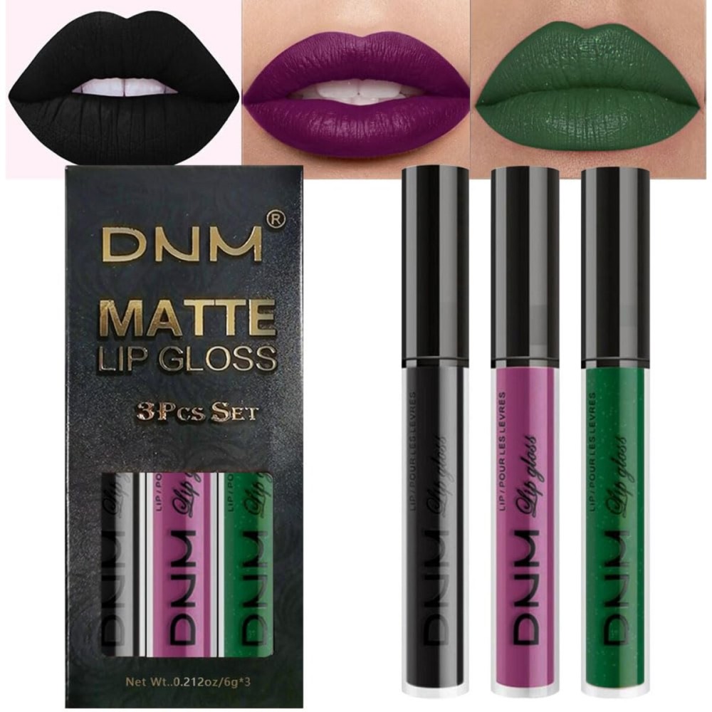 evpct 3Pcs Dark Black Grape Plum purple Emerald Green Matte Liquid Lipstick Lip Stain Sets for Women Matte+Lipstick Long Lasting 24 hr Hours Magic Lipstick 24 Hours original Waterproof 18