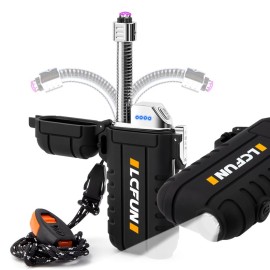 LcFun Electric Dual Arc Lighter USB Rechargeable, Windproof Plasma Lighters with LED Battery Indicator, Waterproof Flashlight Lighter with Whistle Lanyard for Camping, Survival Gear