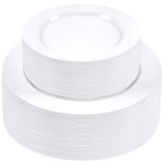 SETUP Case of 300 Combo Plastic Plates - Premium Heavy-Duty 150 Disposable 10.25 Dinner and 150 7.5 Salad White Plates for Wedding, Party, and All Occasions